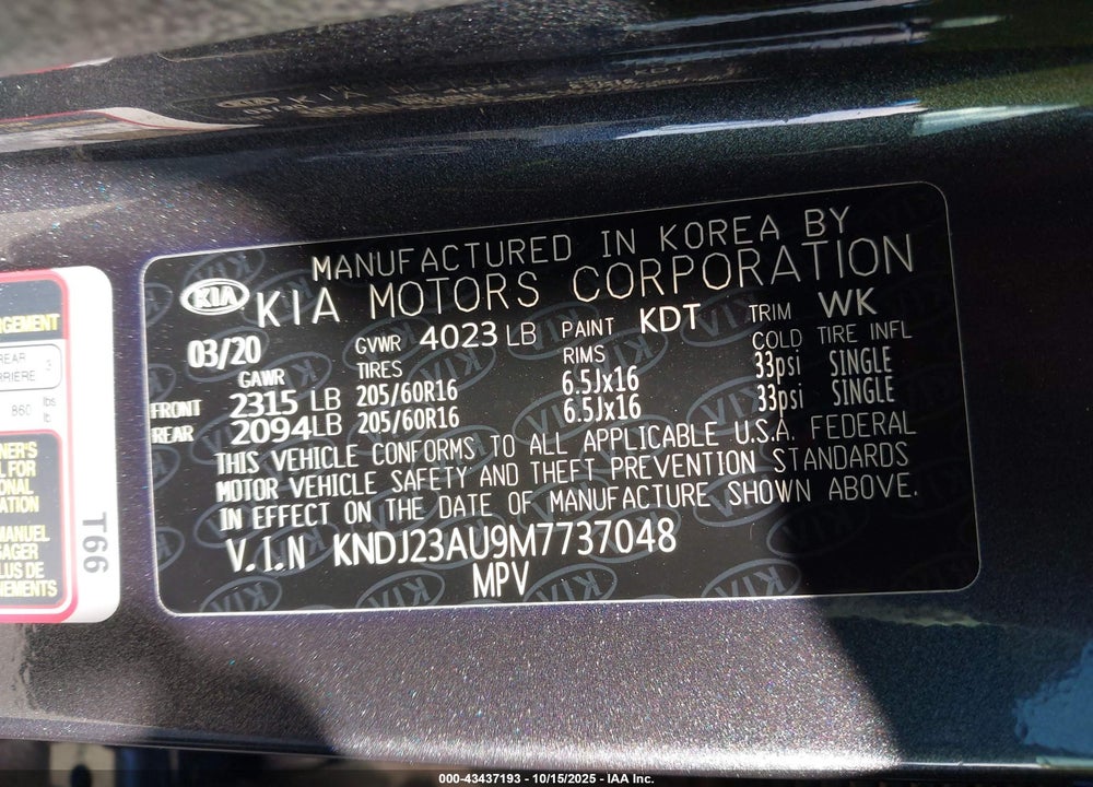 2021 KIA SOUL !/+/S VIN: KNDJ23AU9M7737048