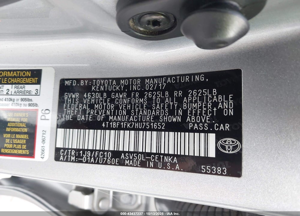 2017 TOYOTA CAMRY LE VIN: 4T1BF1FK7HU751652