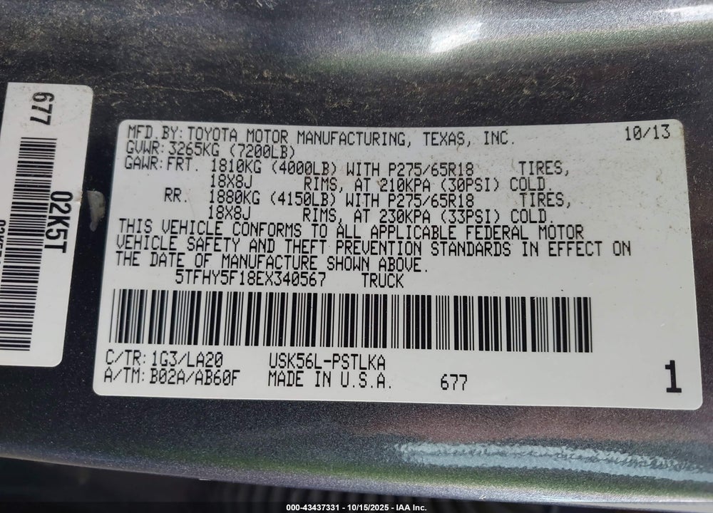2014 TOYOTA TUNDRA LIMITED 5.7L V8 VIN: 5TFHY5F18EX340567