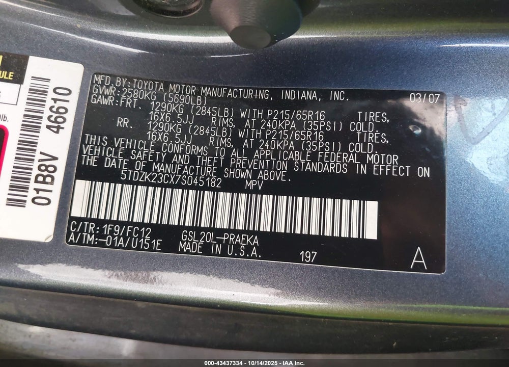 2007 TOYOTA SIENNA LE VIN: 5TDZK23CX7S045182