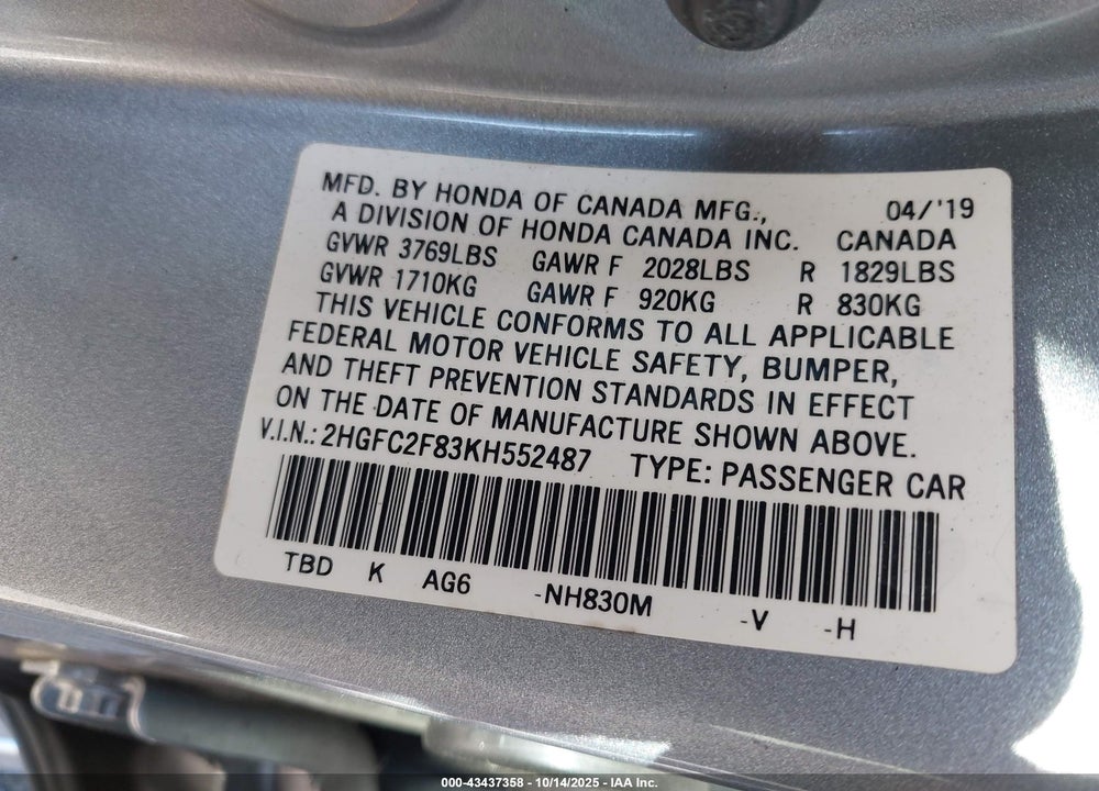 2019 HONDA CIVIC VIN: 2HGFC2F83KH552487