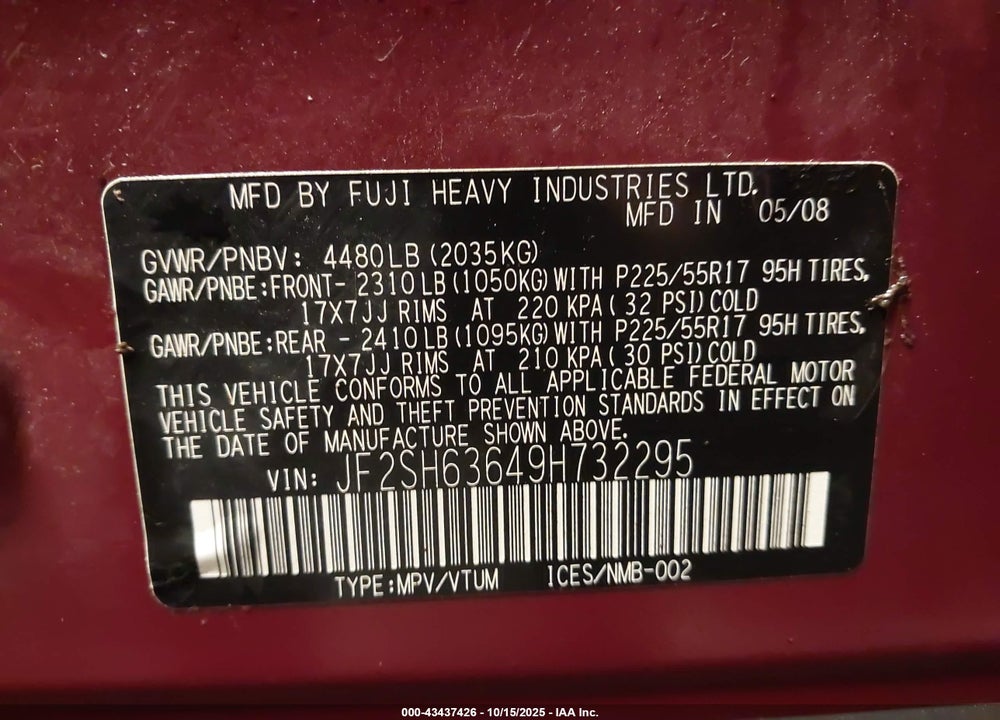 2009 SUBARU FORESTER 2.5X VIN: JF2SH63649H732295