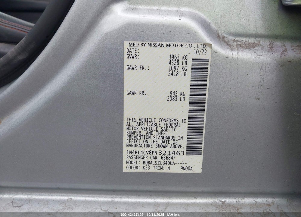 2023 NISSAN ALTIMA SR FWD VIN: 1N4BL4CV8PN321463