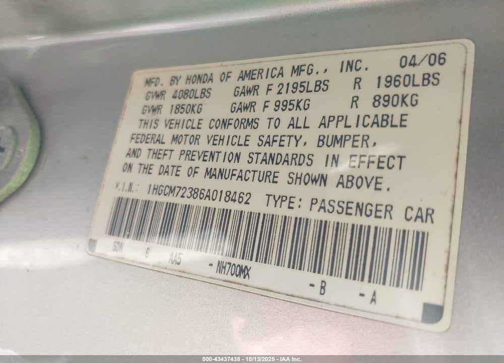 2006 HONDA ACCORD VIN: 1HGCM72386A018462