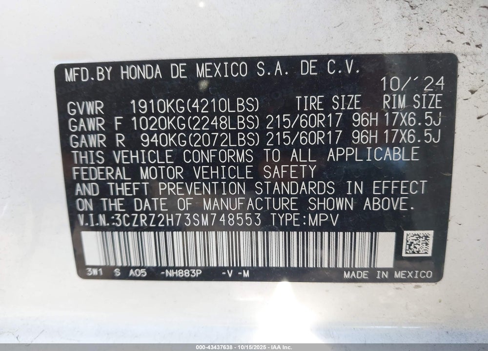 2025 HONDA HR-V VIN: 3CZRZ2H73SM748553