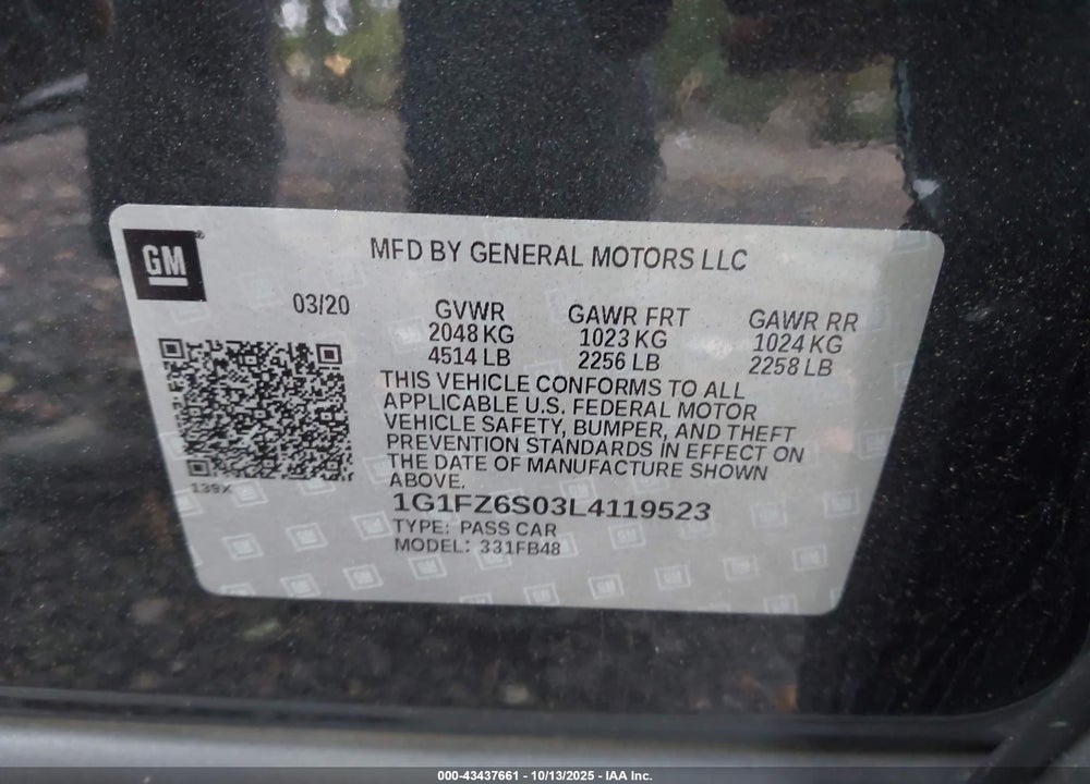 2020 CHEVROLET BOLT EV VIN: 1G1FZ6S03L4119523