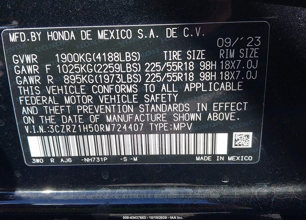 2024 HONDA HR-V 2WD SPORT/2WD SPORT W/O BSI VIN: 3CZRZ1H50RM724407