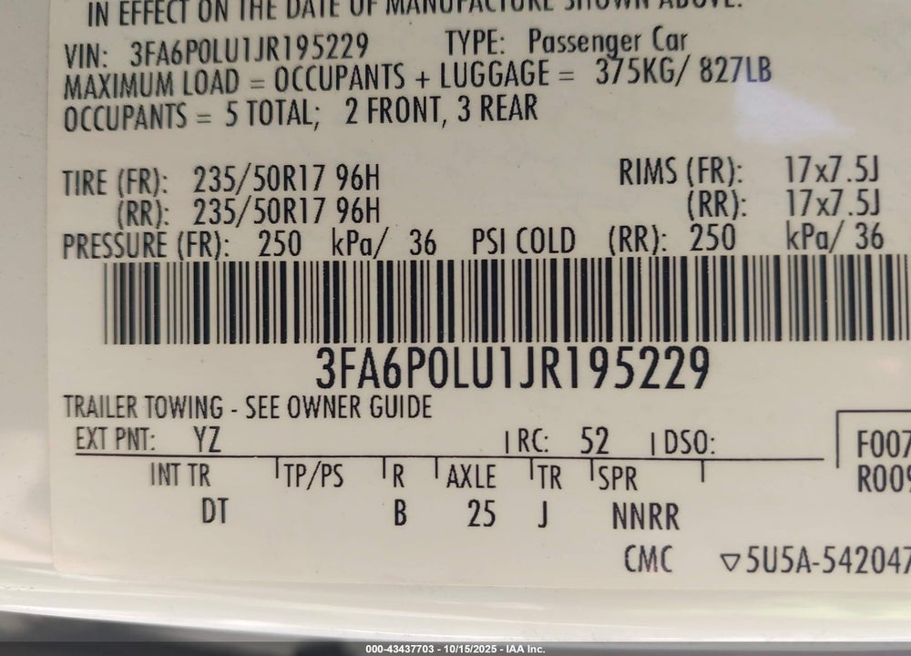 2018 FORD FUSION HYBRID SE VIN: 3FA6P0LU1JR195229