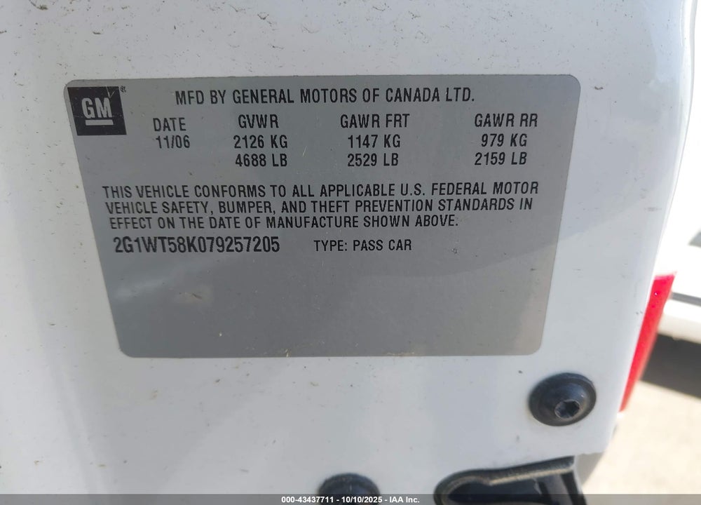 2007 CHEVROLET IMPALA VIN: 2G1WT58K079257205