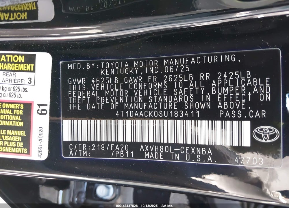 2025 TOYOTA CAMRY LE VIN: 4T1DAACK0SU183411