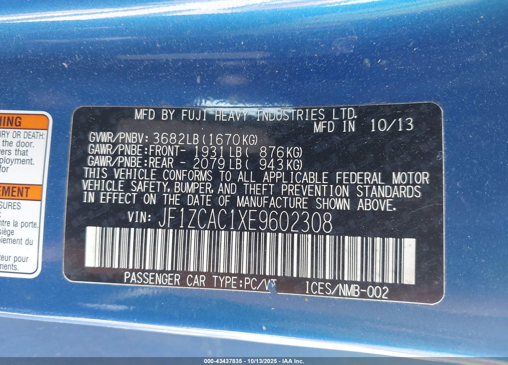 2014 SUBARU BRZ LIMITED VIN: JF1ZCAC1XE9602308