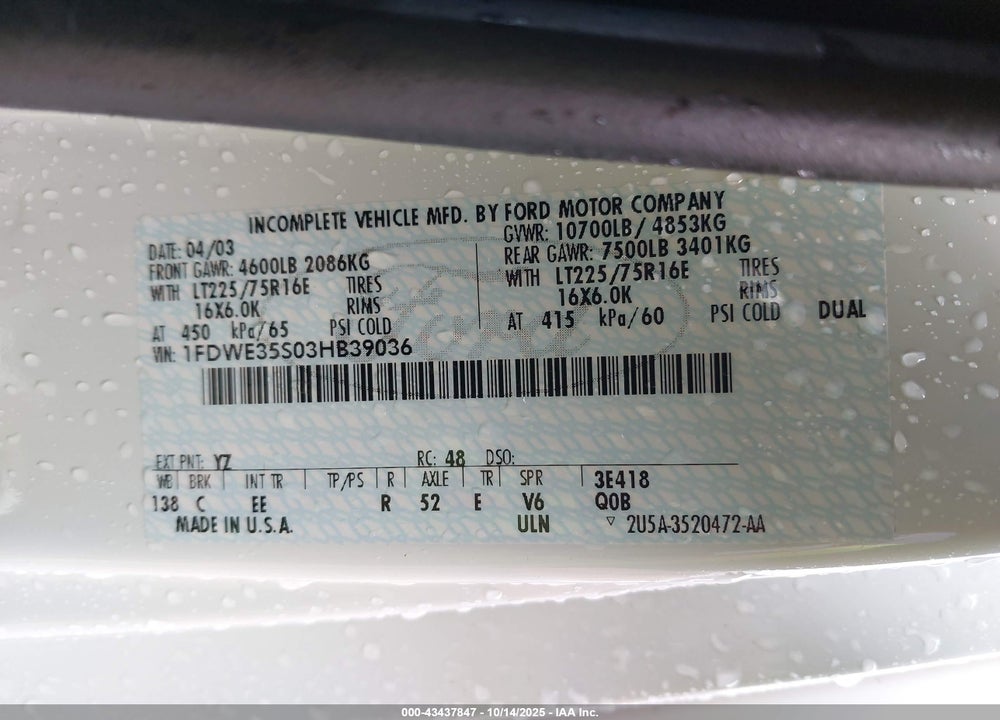 2003 FORD E-350 CUTAWAY STANDARD VIN: 1FDWE35S03HB39036