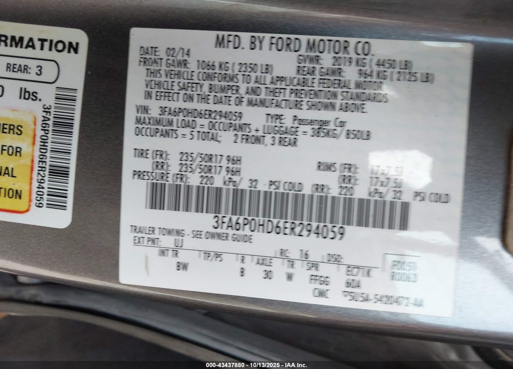 2014 FORD FUSION VIN: 3FA6P0HD6ER294059
