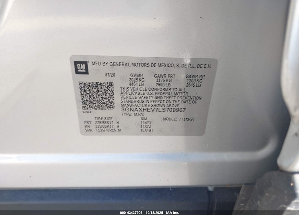 2020 CHEVROLET EQUINOX VIN: 3GNAXHEV7LS709967
