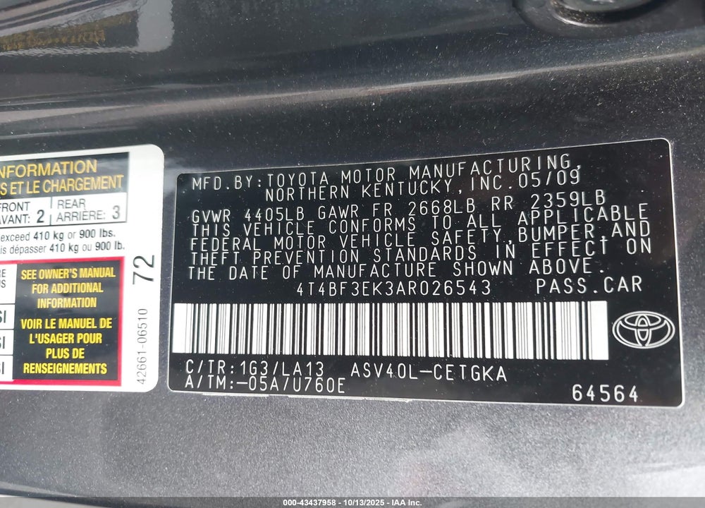 2010 TOYOTA CAMRY XLE VIN: 4T4BF3EK3AR026543