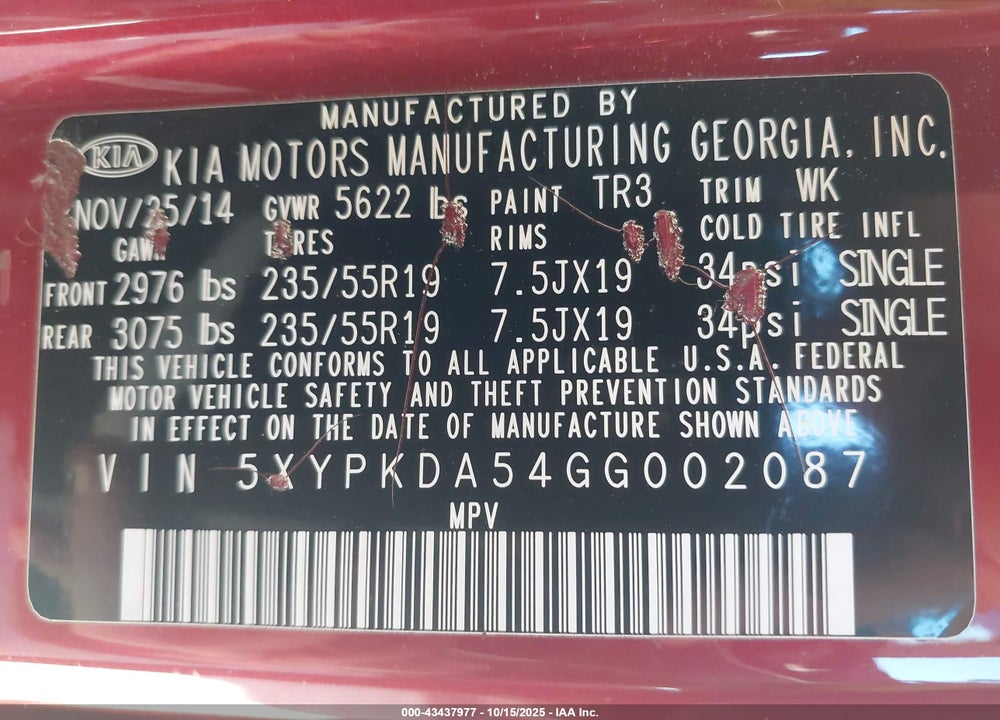 2016 KIA SORENTO VIN: 5XYPKDA54GG002087