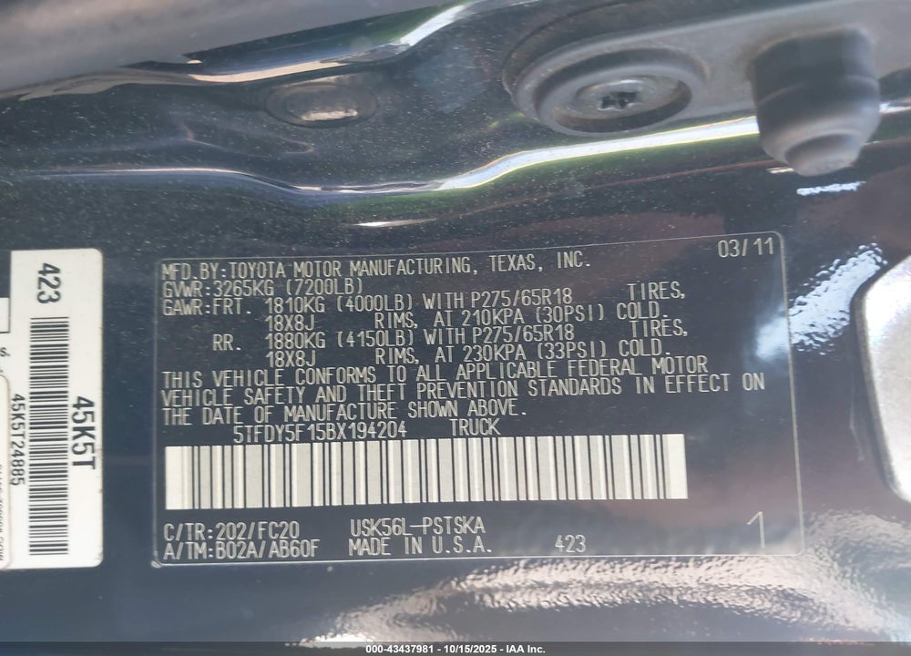 2011 TOYOTA TUNDRA GRADE 5.7L V8 VIN: 5TFDY5F15BX194204