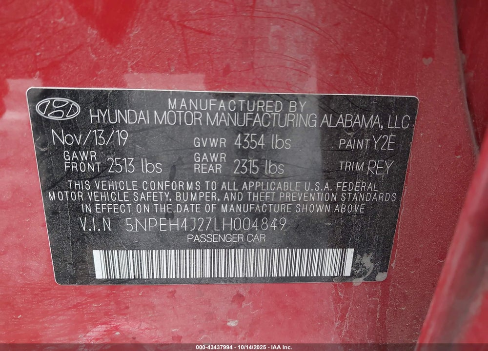 2020 HYUNDAI SONATA VIN: 5NPEH4J27LH004849