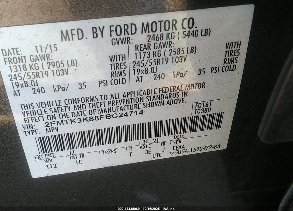 2015 FORD EDGE TITANIUM VIN: 2FMTK3K88FBC24714