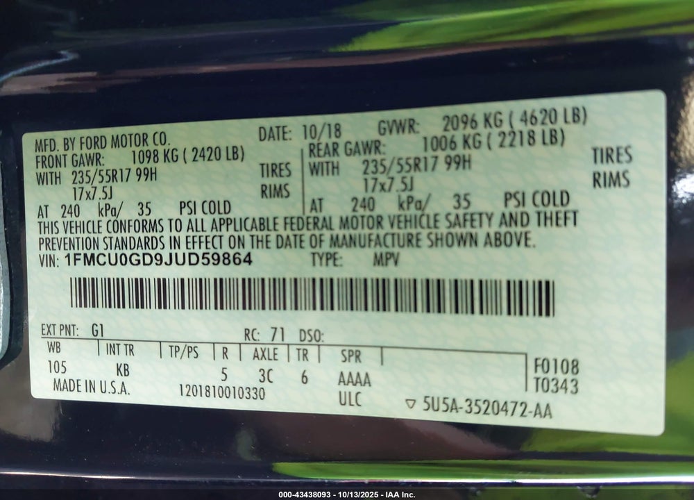 2018 FORD ESCAPE SE VIN: 1FMCU0GD9JUD59864