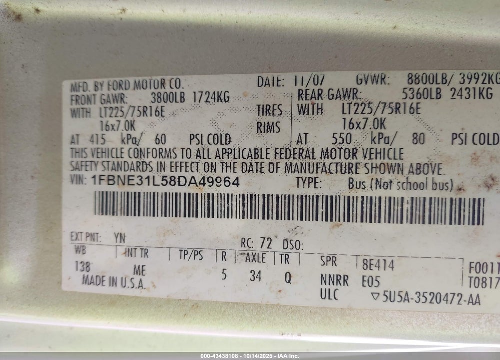 2008 FORD E-350 SUPER DUTY XL/XLT VIN: 1FBNE31L58DA49964