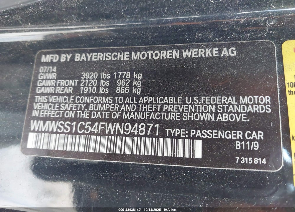 2015 MINI PACEMAN VIN: WMWSS1C54FWN94871