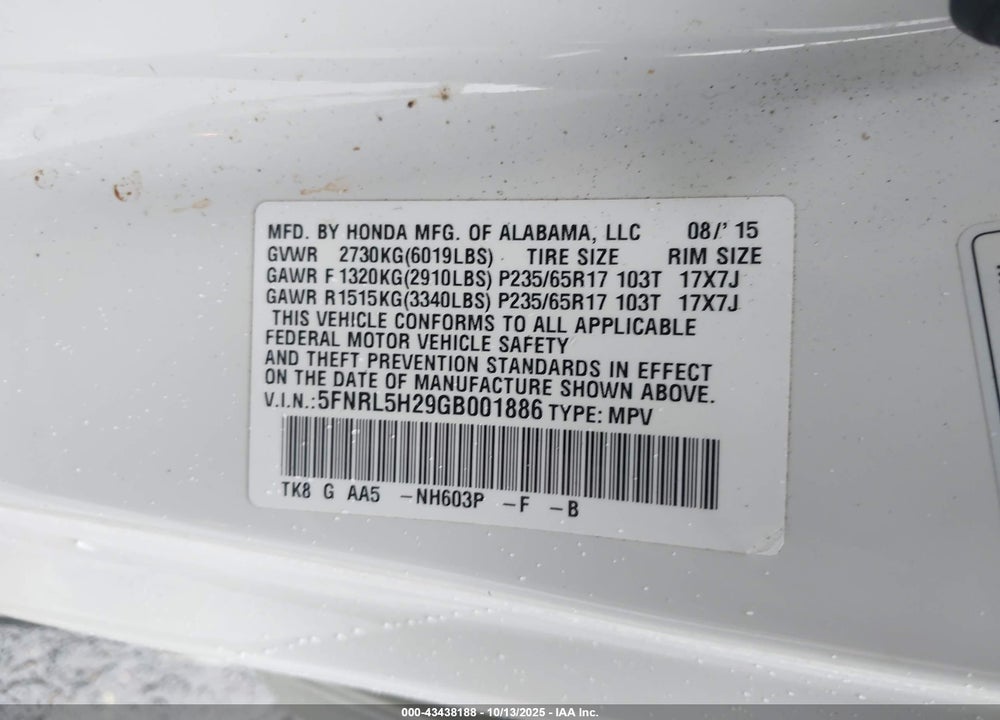 2016 HONDA ODYSSEY LX VIN: 5FNRL5H29GB001886