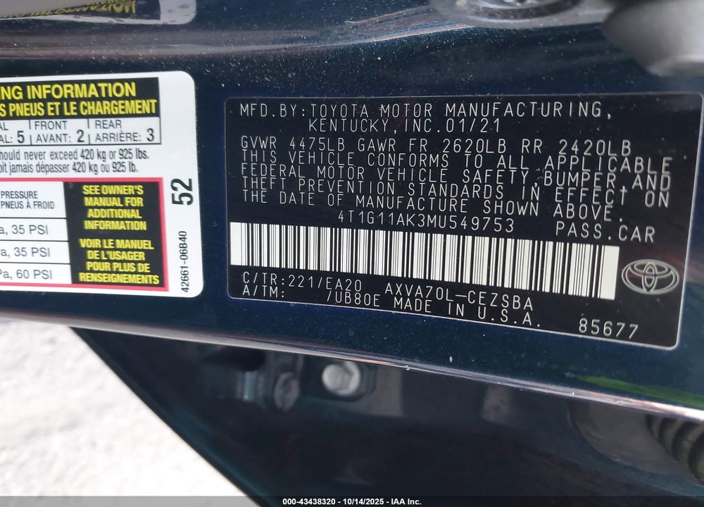 2021 TOYOTA CAMRY VIN: 4T1G11AK3MU549753