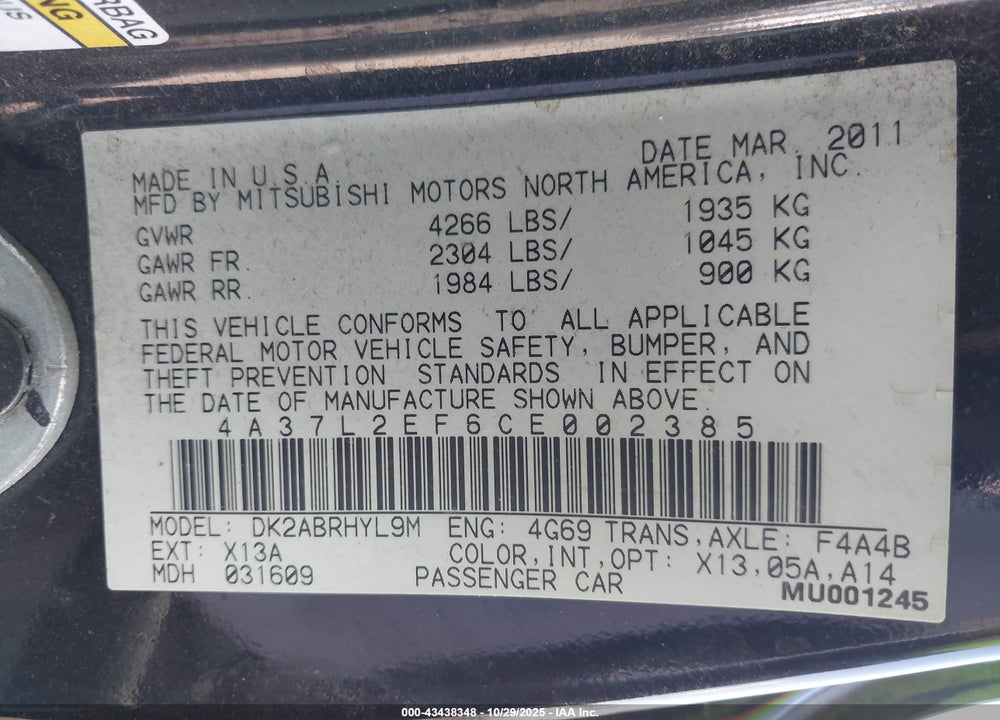 2012 MITSUBISHI ECLIPSE VIN: 4A37L2EF6CE002385