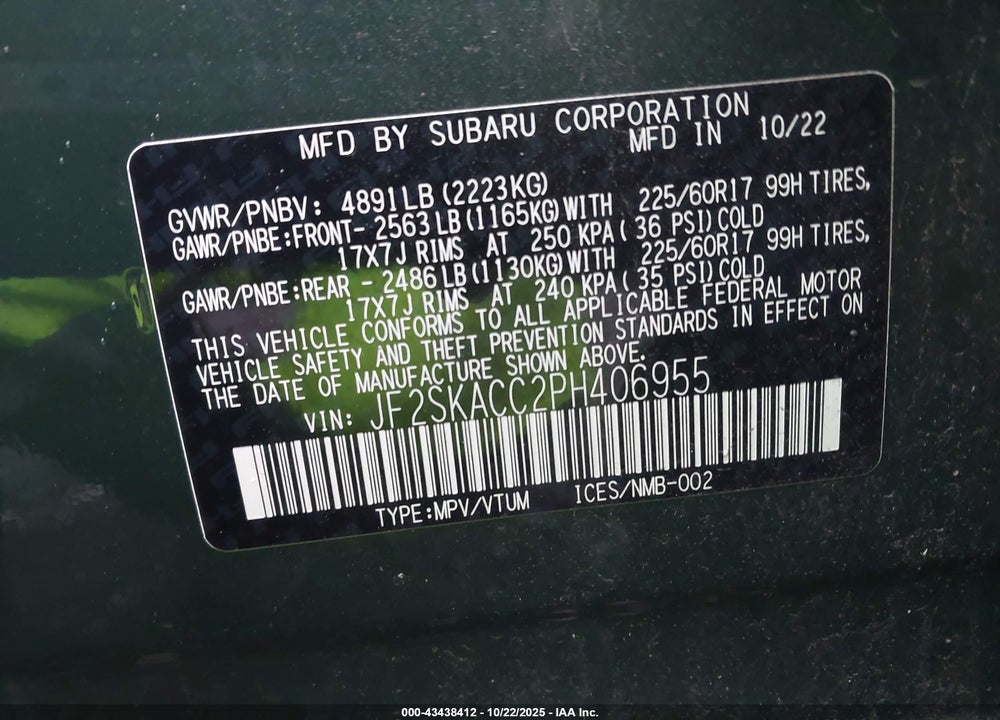 2023 SUBARU FORESTER VIN: JF2SKACC2PH406955