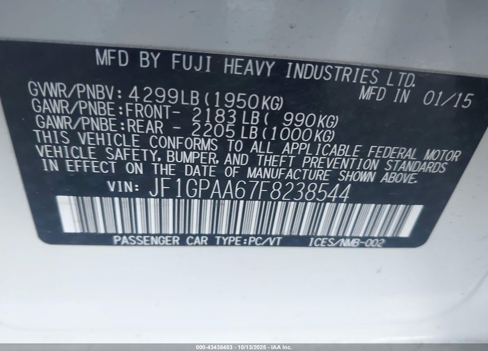 2015 SUBARU IMPREZA 2.0I VIN: JF1GPAA67F8238544