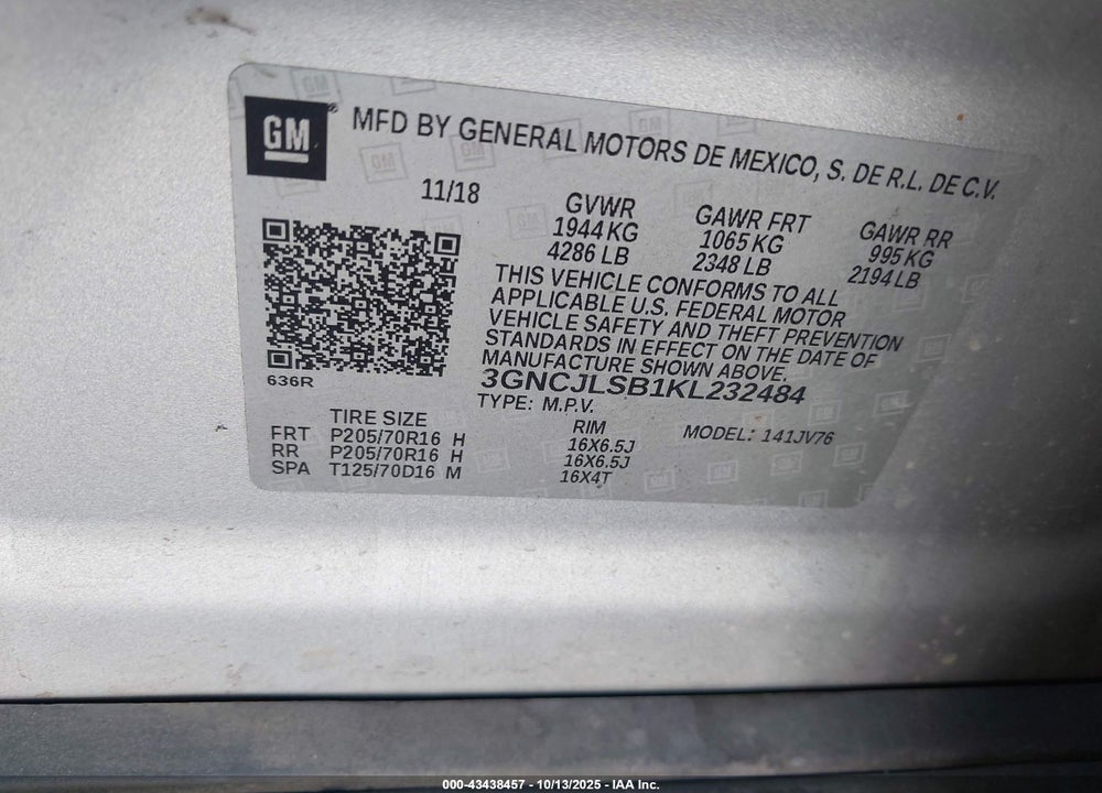 2019 CHEVROLET TRAX VIN: 3GNCJLSB1KL232484