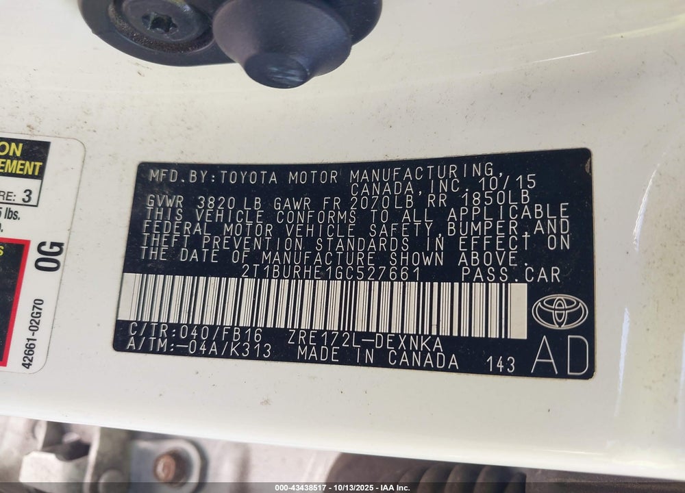 2016 TOYOTA COROLLA LE VIN: 2T1BURHE1GC527661