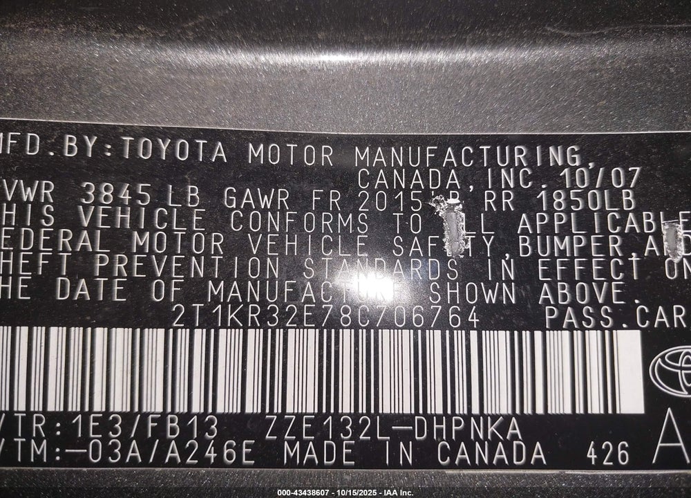 2008 TOYOTA MATRIX/XR VIN: 2T1KR32E78C706764