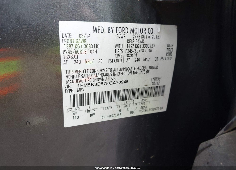 2015 FORD EXPLORER XLT VIN: 1FM5K8D87FGA70945