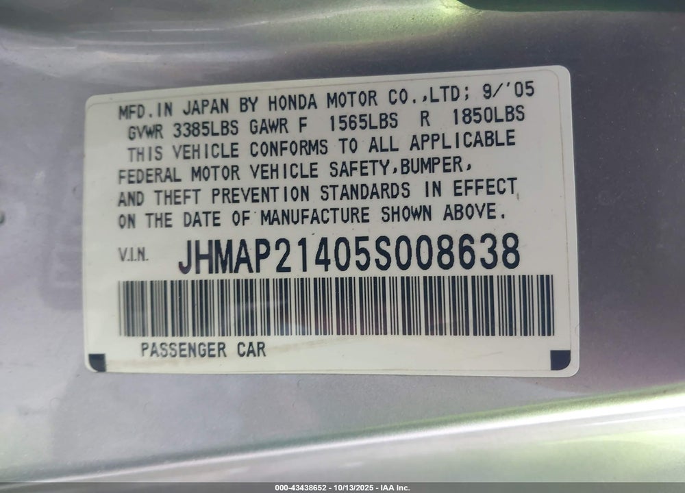 2005 HONDA S2000 VIN: JHMAP21405S008638