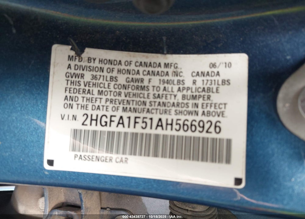 2010 HONDA CIVIC VIN: 2HGFA1F51AH566926