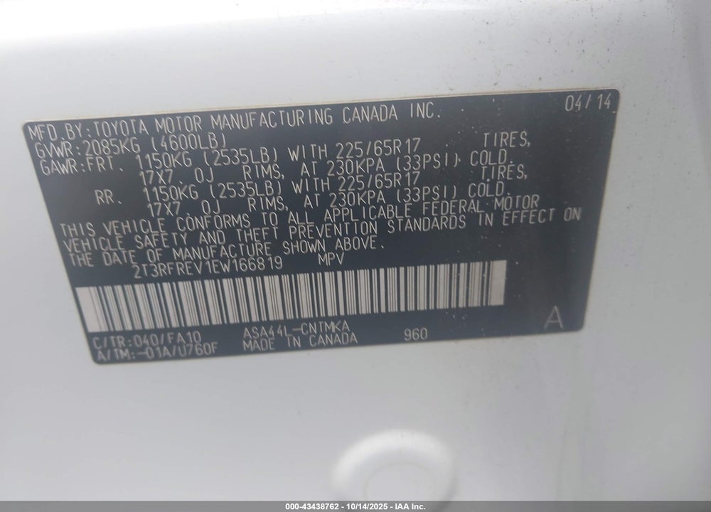 2014 TOYOTA RAV4 VIN: 2T3RFREV1EW166819