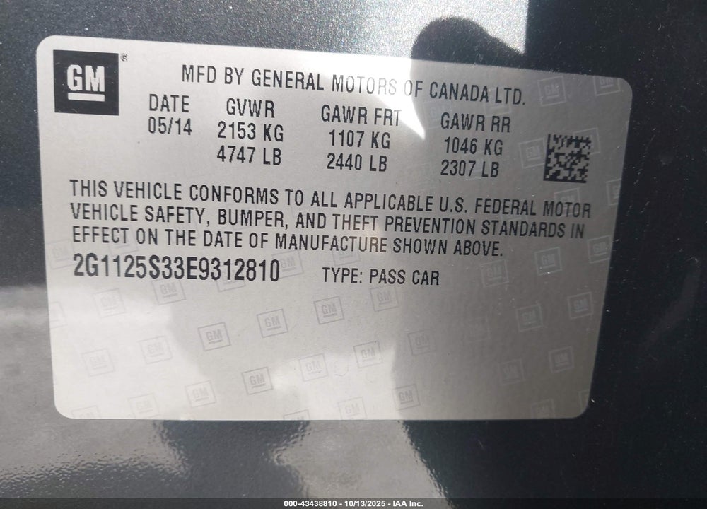 2014 CHEVROLET IMPALA VIN: 2G1125S33E9312810