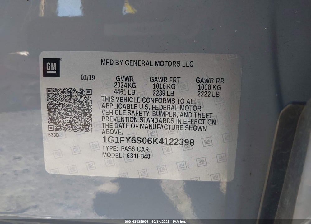 2019 CHEVROLET BOLT EV LT VIN: 1G1FY6S06K4122398