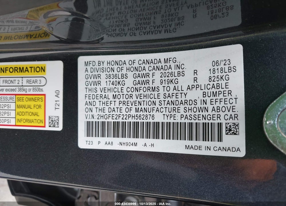 2023 HONDA CIVIC VIN: 2HGFE2F22PH562876