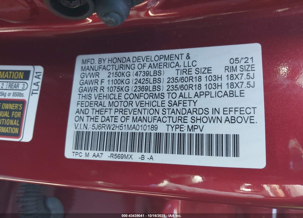 2021 HONDA CR-V VIN: 5J6RW2H51MA010189