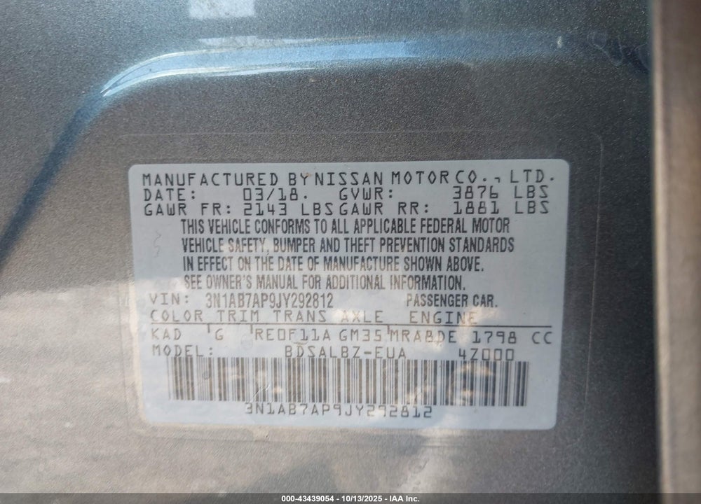 2018 NISSAN SENTRA S VIN: 3N1AB7AP9JY292812
