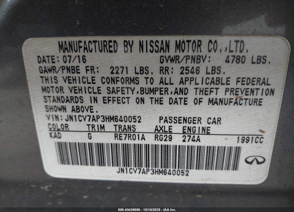 2017 INFINITI Q50 2.0T PREMIUM VIN: JN1CV7AP3HM640052