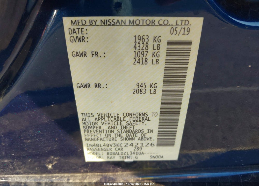 2019 NISSAN ALTIMA 2.5 S VIN: 1N4BL4BV3KC242126