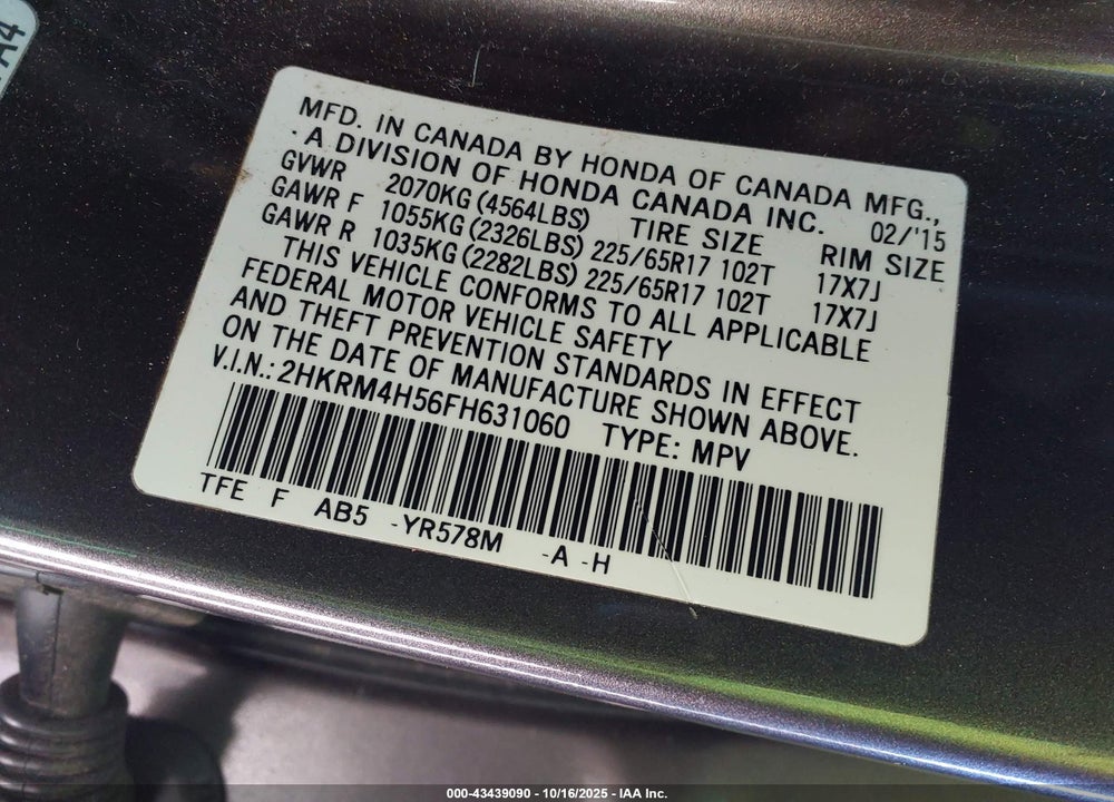 2015 HONDA CR-V EX VIN: 2HKRM4H56FH631060