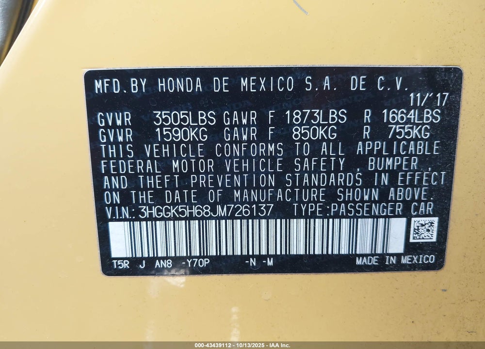 2018 HONDA FIT SPORT VIN: 3HGGK5H68JM726137