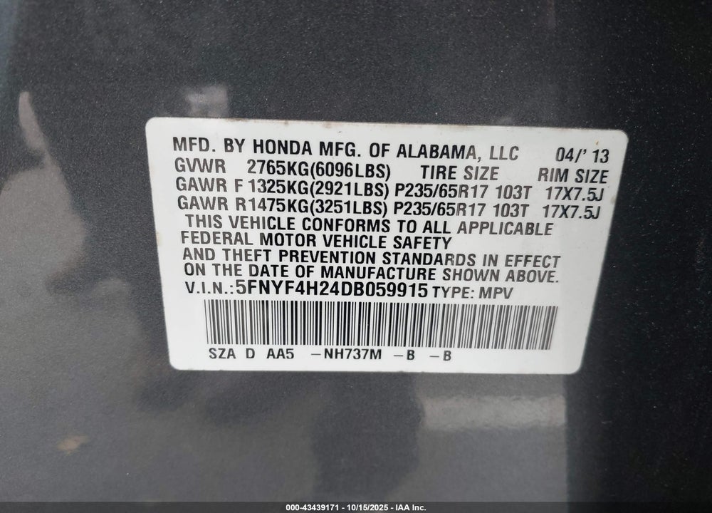 2013 HONDA PILOT LX VIN: 5FNYF4H24DB059915