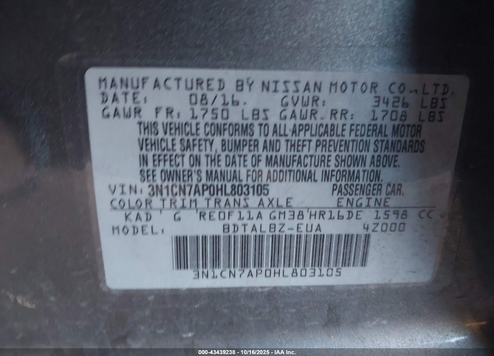 2017 NISSAN VERSA 1.6 SV VIN: 3N1CN7AP0HL803105