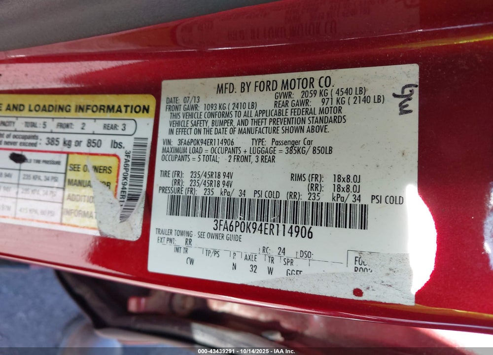 2014 FORD FUSION VIN: 3FA6P0K94ER114906